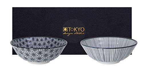 TOKYO design studio Nippon Black 2-er Schalen-Set schwarz-weiß, Ø 21 cm, ca. 1000 ml, asiatisches Porzellan, Japanisches Design mit schwarzen Mustern, inkl. Geschenk-Verpackung von TOKYO design studio