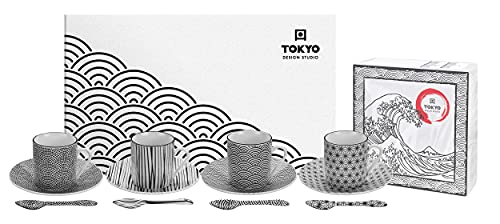 TOKYO design studio Nippon Black Espresso-Set schwarz-weiß, 12-TLG., 4X Espresso-Tassen mit Untertassen und Löffeln, asiatisches Porzellan, Japanisches Design, inkl. Geschenk-Verpackung von TOKYO design studio