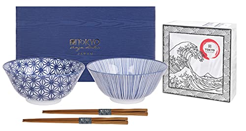 TOKYO design studio Nippon Blue 2-er Schalen-Set blau-weiß, Ø 15 cm, ca. 500 ml, asiatisches Porzellan, Japanisches Design mit geometrischen Mustern, inkl. 2 Paar ESS-Stäbchen & Geschenk-Verpackung von TOKYO design studio
