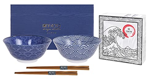 TOKYO design studio Nippon Blue 2-er Schalen-Set blau-weiß, Ø 15 cm, ca. 500 ml, asiatisches Porzellan, Japanisches Design mit geometrischen Mustern, inkl. 2 Paar ESS-Stäbchen & Geschenk-Verpackung von TOKYO design studio