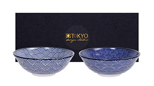 TOKYO design studio Nippon Blue 2-er Schalen-Set blau-weiß, Ø 21 cm, ca. 1000 ml, asiatisches Porzellan, Japanisches Design mit blauen Mustern, inkl. Geschenk-Verpackung von TOKYO design studio