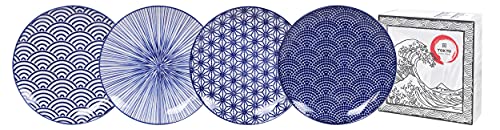 TOKYO design studio Nippon Blue 4-er Teller-Set blau-weiß, Ø 16 cm, ca. 2 cm hoch, asiatisches Porzellan, Japanisches Design mit geometrischen Mustern von TOKYO design studio