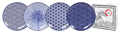 TOKYO design studio Nippon Blue 4-er Teller-Set blau-weiß, Ø 25,7 cm, ca. 3 cm hoch, asiatisches Porzellan, Japanisches Design mit geometrischen Mustern von TOKYO design studio