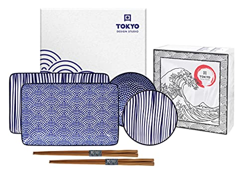 TOKYO design studio Nippon Blue Sushi-Set blau-weiß, 6-TLG., 2X Sushi-Platten 2X Saucen-Schalen, 2X Essstäbchen, asiatisches Porzellan, Japanisches Design, inkl. Geschenk-Verpackung von TOKYO design studio