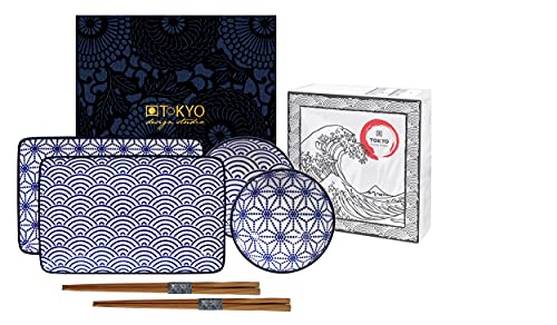 TOKYO Design Studio Nippon Blue Sushi-Set blau-weiß, 6-tlg., 2x Sushi-Platten 2x Saucen-Schalen, 2x Essstäbchen, asiatisches Porzellan, japanisches Design, inkl. Geschenk-Verpackung von TOKYO design studio