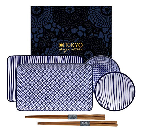 Nippon Blue Sushi Plate w/Giftbox mit Chop 4pcs 21x13.5 & 9.5x3cm Lines/Dots von TOKYO design studio