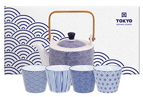 TOKYO design studio Nippon Blue Tea Set Punkte 0.8lt w/ 4 Cups Lines-Star-Dots-Wave von TOKYO design studio