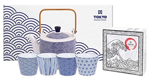 TOKYO design studio Nippon Blue Tee-Set blau-weiß, 5-TLG., 1x Tee-Kanne 0,8 l und 4X Tee-Tassen 180 ml, asiatisches Porzellan, Japanisches Design, inkl. Geschenk-Verpackung von TOKYO design studio
