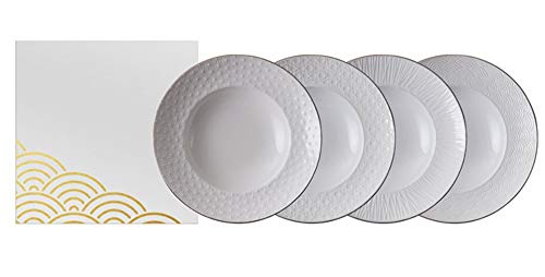 TOKYO design studio Nippon White 4-er Pasta-Teller-Set weiß, mit Goldrand, Ø 25,8 cm, ca. 5,3 cm hoch, asiatisches Porzellan, Japanisches Design, auch als Suppen-Teller verwendbar von TOKYO design studio