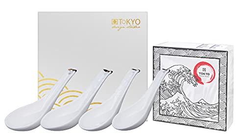 TOKYO design studio Nippon White 4-er Suppenlöffel-Set weiß, 13,8 cm klein, mit Gold-Rand, asiatisches Porzellan, Japanisches Design, inkl. Geschenk-Verpackung von TOKYO design studio