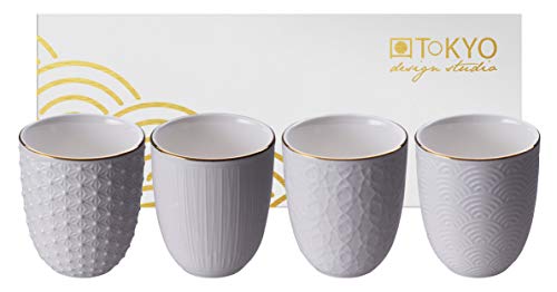 TOKYO design studio Nippon White 4-er Tassen-Set weiß, mit Gold-Rand, ohne Henkel (Becher), Ø 7 cm, 7 cm hoch, 160 ml, asiatisches Porzellan, Japanisches Design, inkl. Geschenk-Verpackung von TOKYO design studio