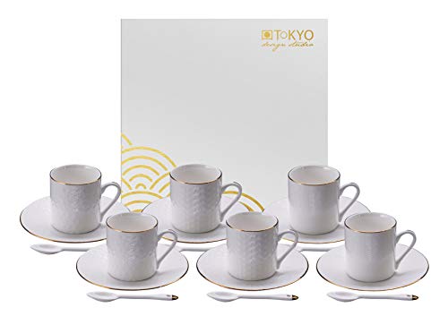 TOKYO design studio Nippon White Espresso-Set weiß, 18-TLG., mit Gold-Rand, 6X Espresso-Tassen mit Untertassen und Löffeln, asiatisches Porzellan, Japanisches Design, inkl. Geschenk-Verpackung von TOKYO design studio