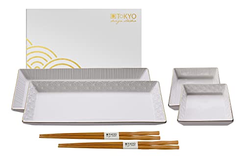 TOKYO design studio Nippon White Sushi-Set weiß, mit Goldrand, 6-TLG., 2X Sushi-Platten 2X Saucen-Schalen, 2X Essstäbchen, asiatisches Porzellan, Japanisches Design, inkl. Geschenk-Verpackung von TOKYO design studio