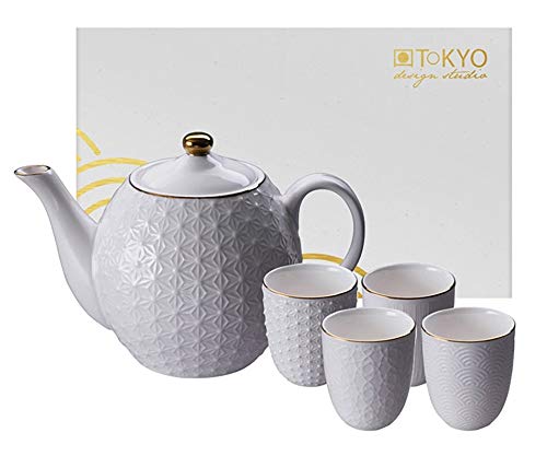 TOKYO design studio Nippon White Tee-Set weiß, 5-TLG., mit Gold-Rand, 1x Tee-Kanne Stars 1,3 l und 4X Tee-Tassen 160 ml, asiatisches Porzellan, Japanisches Design, inkl. Geschenk-Verpackung von TOKYO design studio