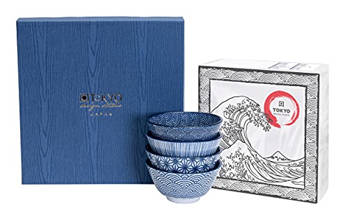 TOKYO design studio Nippon Blue 4-er Schalen-Set blau-weiß, Ø 12 cm, ca. 300 ml, asiatisches Porzellan, Japanisches Design mit geometrischen Mustern, inkl. Geschenk-Verpackung von TOKYO design studio