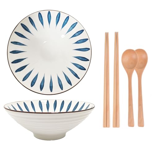 2er Set Ramen Schüssel aus Keramik-Porzellan (1100 ml) Nudelschale für Suppe, Pho, Pasta, Salat, Müsli & Snacks inkl. Löffel + Stäbchen - Haushaltsgeschenk zur Wohnungseinweihung (A1) von TOLASTO