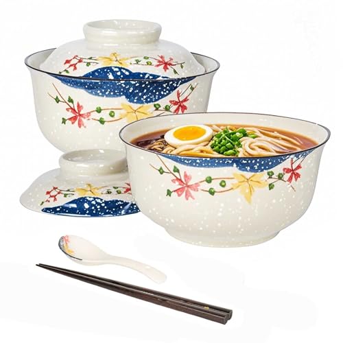Keramik Ramen-Schüssel-Set mit Deckel, 800ml (28 Oz) – Inkl. Ramen-Löffel & Stäbchen – Ideal für Pasta, Snacks, Suppe, Salad, Müsli (Blumen Design) von TOLASTO
