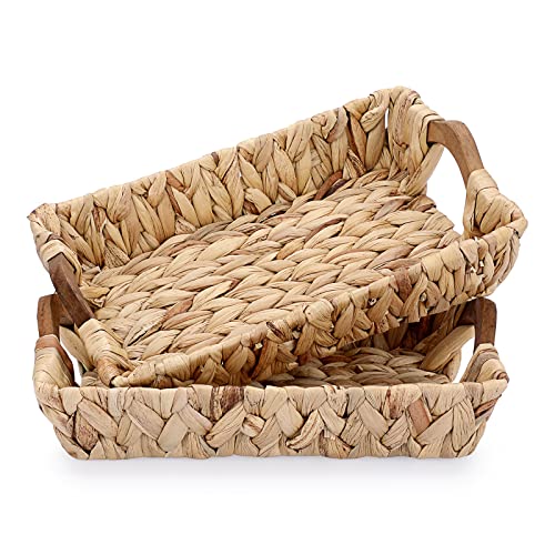 TOLIDA 2er-Set Aufbewahrungskörbe aus Wasserhyazinthe 30 * 20 cm mit Holzgriffen beige für Dosen Obst Snacks Kleidung Bücher Zeitschriften Toilettenpapier von TOLIDA