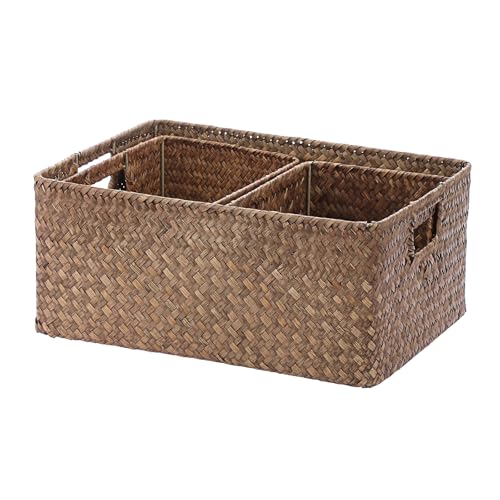TOLIDA 3er Gewebter Seegras Körb Set, Rattankorb mit Griff, Natürliches Geflochtener Regalkörb zum Organisieren von Spielzeug Kleidung Obst für Kleiderschrank Wohnzimmer von TOLIDA
