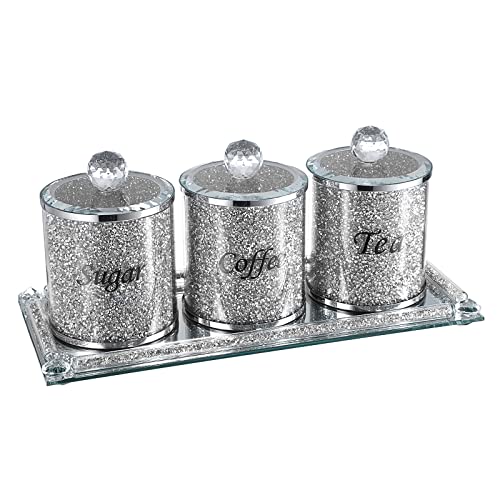 TOLIDA 3er Set Aufbewahrungsdose aus gebrochenem Diamantglas mit Silbertablett, Vorratsdosen für kaffe, Tee, Zucker mit Mit Buchstaben beschriftet als Deko 14CM von TOLIDA