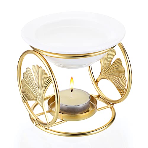 TOLIDA Keramik Duftlampe mit Kerzenhalter Vierringiges Blatt Aromatherapie Brenner aus Eisen Ätherisches Öl Aromadiffusor Räuchergefäß Wachsschmelzbrenner Gold für Schlafzimmer Wohnzimmer Yoga von TOLIDA