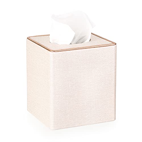 TOLIDA PU Taschentuchbox Quadratische Kosmetiktücherbox mit goldenen Rändern Papiertaschentuchbox Leinen Beige Taschentuchhalter 13x13x15cm Tissue Box für Esszimmer Wohnzimmer Schlafzimmer Büro Hotel von TOLIDA