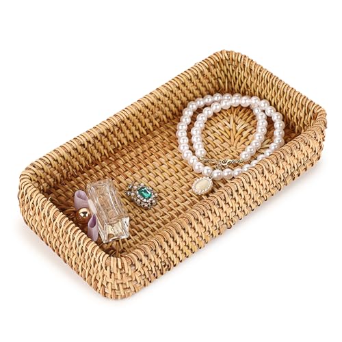 TOLIDA Rattan Tablett, Gewebtes Serviertablett, Natürliches Tablett Dekoratives Aufbewahrungskorb für Fernbedienung, Schlüssel, Aroma,Armbänder, Ohrringe kleine Gegenstände als Geschenk 21x11x4.5cm von TOLIDA