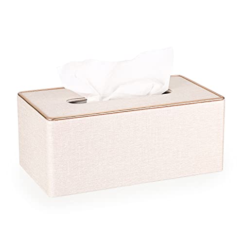TOLIDA PU Taschentuchbox Rechteckige Kosmetiktücherbox mit Goldenen Rändern Papiertaschentuchbox Leinen Beige Taschentuchhalter 13x13x15cm Tissue Box für Esszimmer Wohnzimmer Schlafzimmer Büro Hotel von TOLIDA