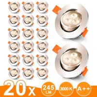 TolleTour 20er LED Einbaustrahler Deckeneinbauleuchte Set Einbauleuchte Deckenleuchte Einbauspot Deckenspot IP20 245LM Strahler Warmweiß 3W von TOLLETOUR