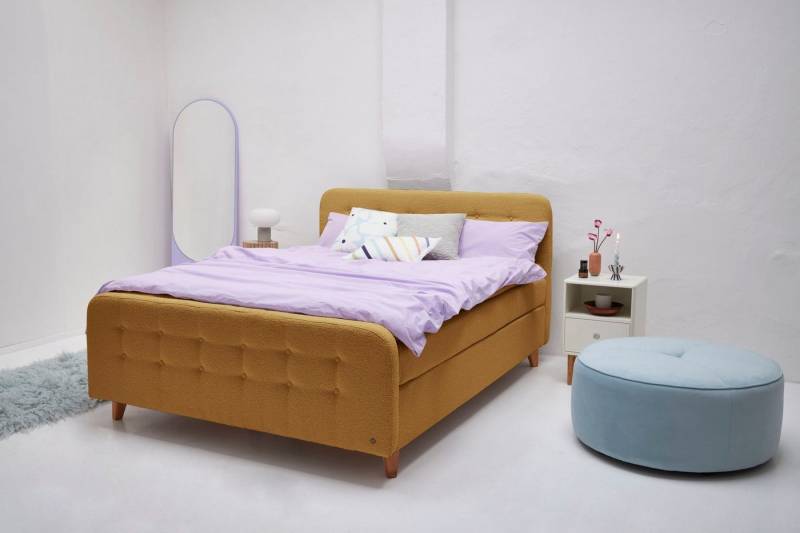 TOM TAILOR HOME Boxspringbett NORDIC BOX, mit Knopfheftung, in weichem Bouclé-Stoff, Füße in Buche natur von TOM TAILOR HOME