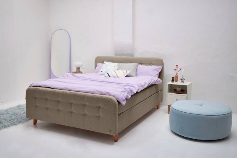 TOM TAILOR HOME Boxspringbett NORDIC BOX, mit Knopfheftung, in weichem Bouclé-Stoff, Füße in Buche natur von TOM TAILOR HOME