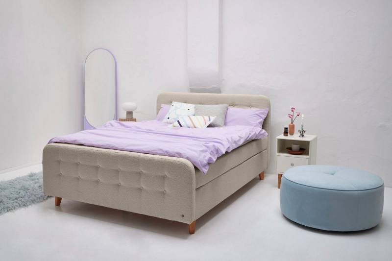 TOM TAILOR HOME Boxspringbett NORDIC BOX, mit Knopfheftung, in weichem Bouclé-Stoff, Füße in Buche natur von TOM TAILOR HOME