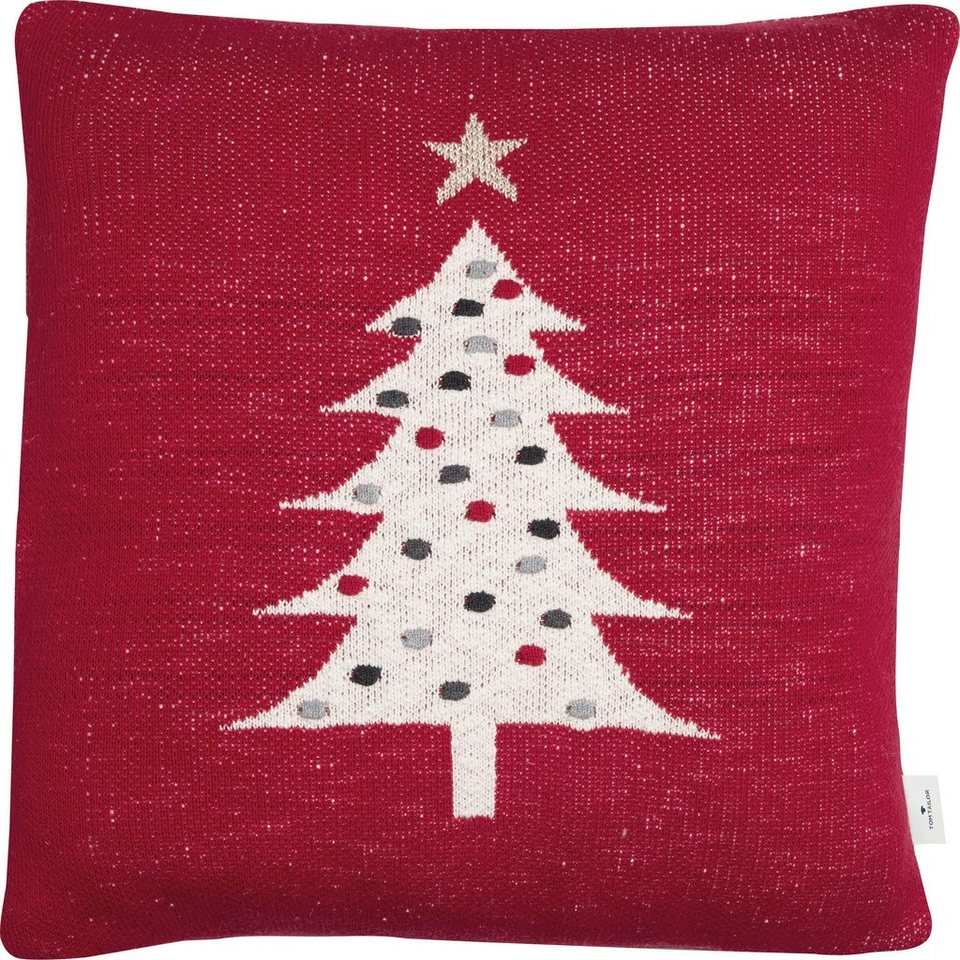 TOM TAILOR HOME Dekokissen Knitted Red Tree, Gestrickte Kissenhülle ohne Füllung mit Weihnachtsbaum-Motiv, 1 Stück von TOM TAILOR HOME