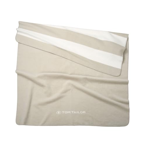 TOM TAILOR Jacquard Decke, 150x200 cm, 58% Baumwolle, 32% Polyacryl, 10% Polyester/ Jacquard, mit Wendemotiv, Kettelnaht und gewebtem Logo, JACQUARD BLANKET Beige (Sunny Sand & Crisp White) von TOM TAILOR