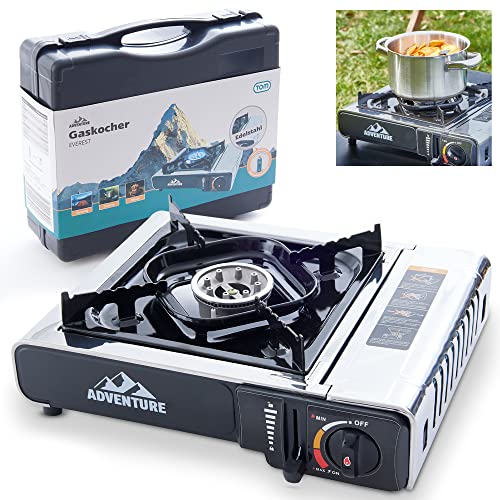 TOM Edelstahl Campingkocher - Gaskocher mit robustem Koffer und Gaskochfeld (1 - flammig) – Piezo-Zündung – 2200 Watt – Outdoor Campingkocher, Gaskocher für Gaskartuschen - MSF-1A Ventil – Kochplatte von TOM