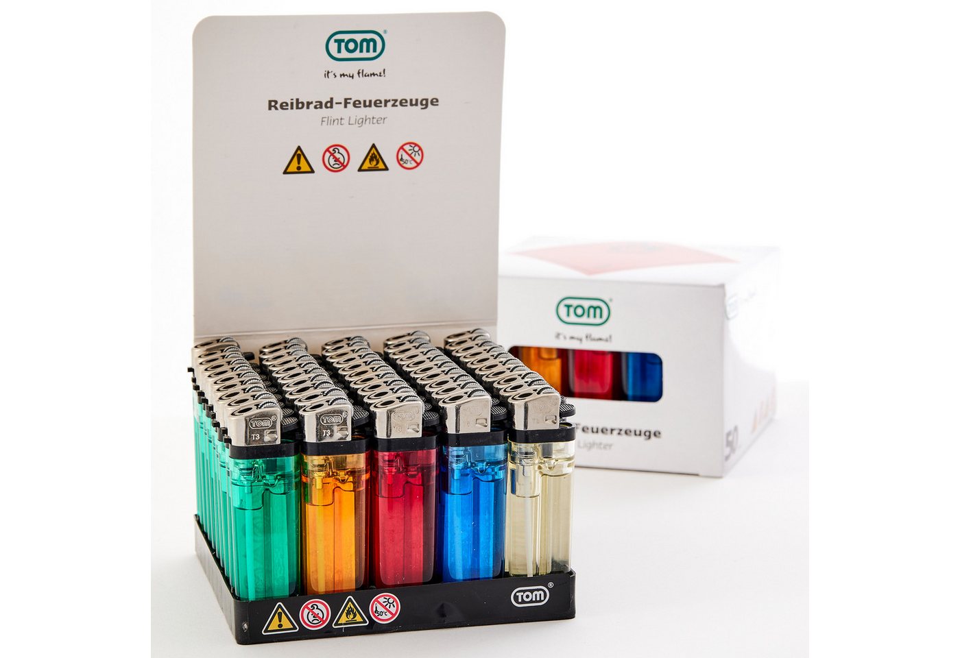 TOM Feuerzeuge Display Set Reibrad (100-St), 5 Farben, Flammeregulierung, Soft Flame von TOM