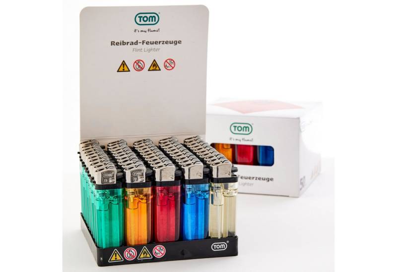 TOM Feuerzeuge Display Set Reibrad (100-St), 5 Farben, Flammeregulierung, Soft Flame von TOM