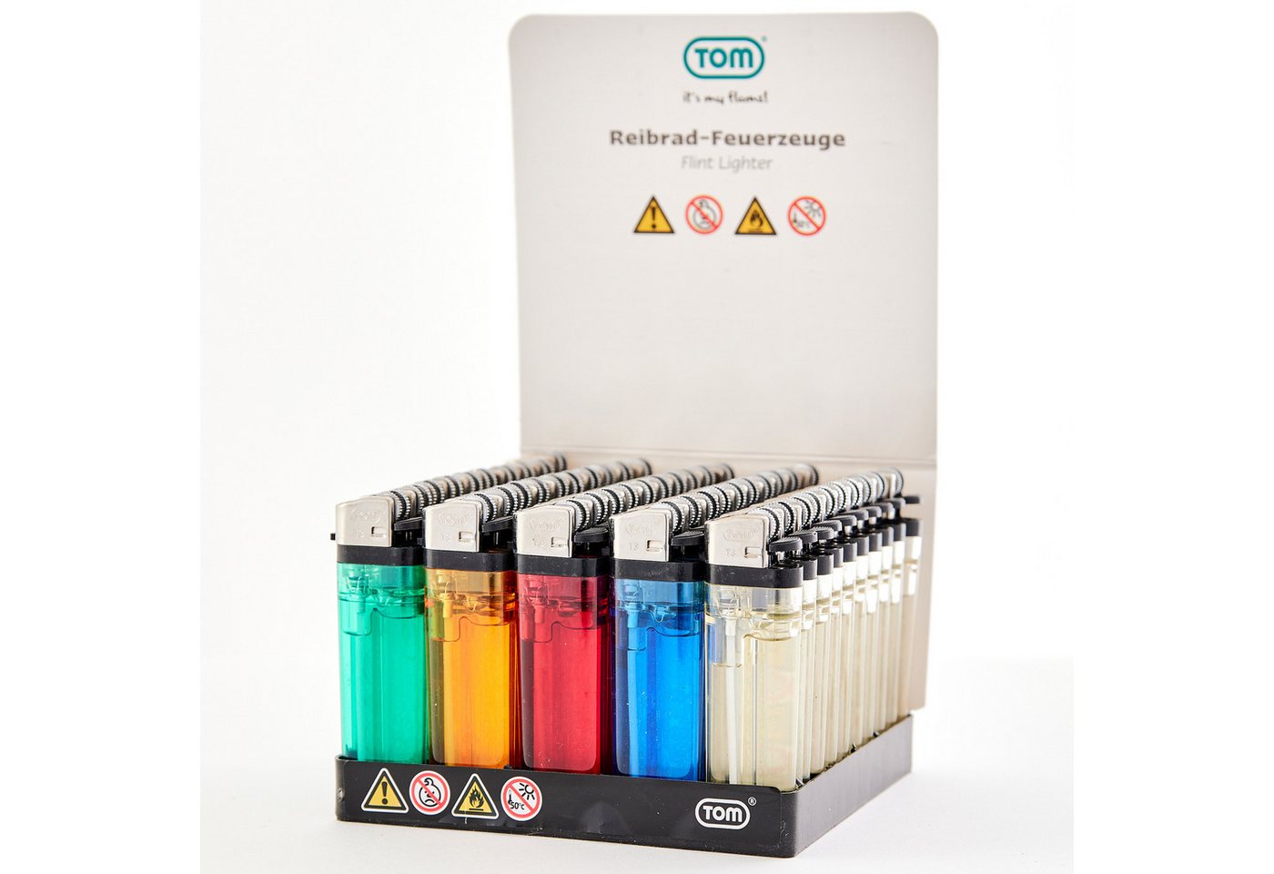 TOM Feuerzeuge Display Set Reibrad (50-St), 5 Farben, Flammeregulierung, Soft Flame von TOM