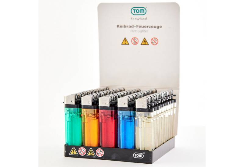 TOM Feuerzeuge Display Set Reibrad (50-St), 5 Farben, Flammeregulierung, Soft Flame von TOM