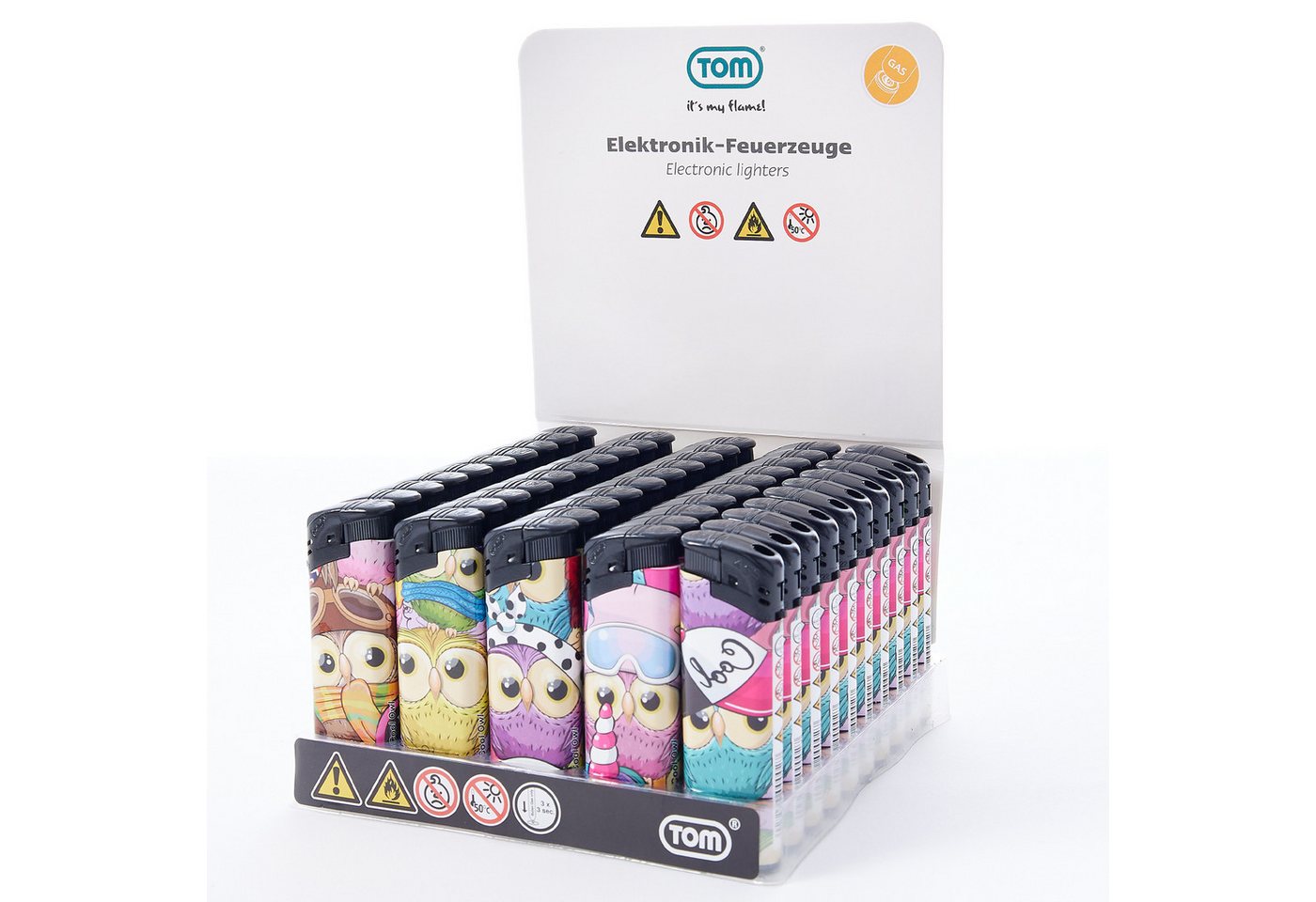 TOM Feuerzeuge 50er Display mit 5 Farben im Eulen-Design, nachfüllbar (50-St), Soft-Flamme, Elektronischer Zünder von TOM