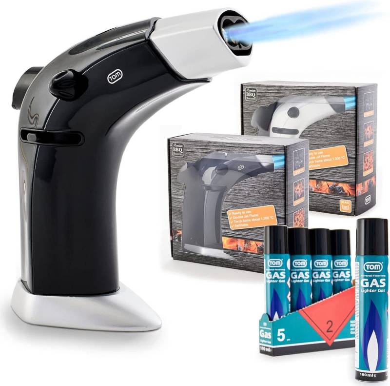 TOM Flambierbrenner Gasbrenner Doppel Jetflame Set mit 5x 100ml Gaskartusche, (6-tlg), Nachfüllbar, bis zu 1300°C von TOM