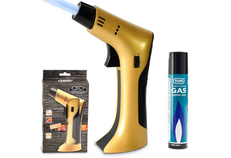 TOM Flambierbrenner Set mit 1 x 100 ml Gaskartusche, 1250°C, Piezozündung, Nachfüllbar von TOM
