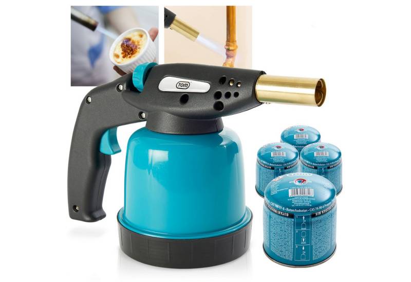 TOM Flambierbrenner Set mit 4x 190g Gaskartuschen, 1300°C, Piezzozündung, 94,5 g/h, 1300W von TOM