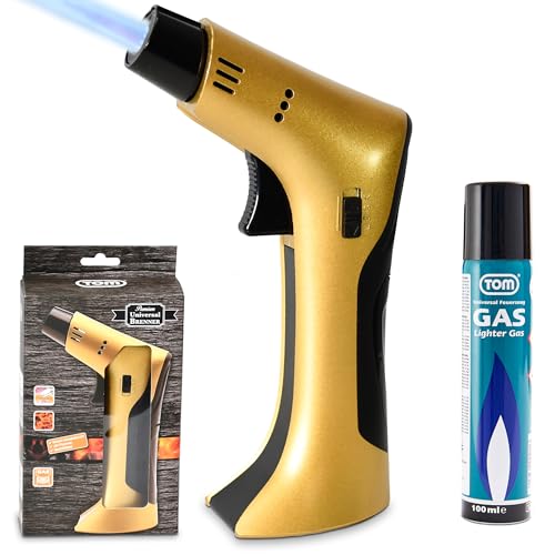 TOM Flambierbrenner Set MIT Gas befüllt + 1 x Butangas Kartusche – Profi Gasbrenner mit Sicherheitsschloss für Küche, Haushalt, Camping & Werkstatt – nachfüllbar – in zwei Farben – Jetflame (Gold) von TOM