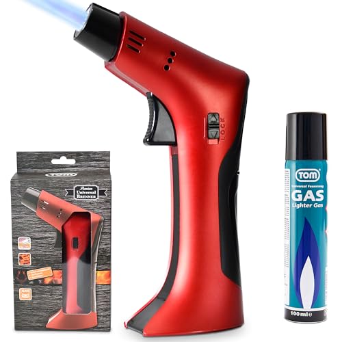 TOM Flambierbrenner Set MIT Gas befüllt + 1 x Butangas Kartusche – Profi Gasbrenner mit Sicherheitsschloss für Küche, Haushalt, Camping & Werkstatt – nachfüllbar – in zwei Farben – Jetflame (Rot) von TOM