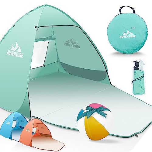 TOM Pop Up Strandmuschel mit UV Schutz LSF 50+, Windschutz, Stabilität, Belüftung – 2-3 Personen – Für Strand, Camping und auf Reise – blau, Mint-grün & orange – Mit Wasserball als Geschenk (Mint) von TOM