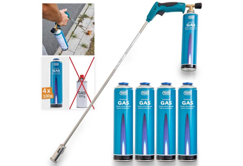 TOM Unkrautbrenner UB-200 mit 4x 330g Gaskartuschen, 1000 °C maximal, Piezozündung, Ergonomischer Griff, Flammenregulierung von TOM