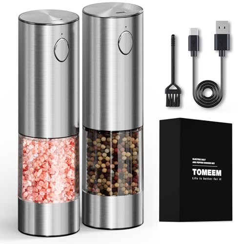 TOMEEM Salz und Pfeffermühlen Elektrisch 2er Set, Elektrische Pfeffermühle große Kapazität aus Edelstahl Wiederaufladbar, 500 mAh Akku, LED Licht, mit Einstellbarem Keramikmahlwerk, Reinigungsbürste von TOMEEM
