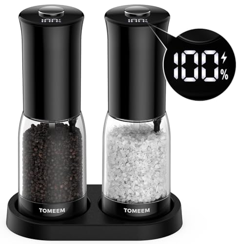 TOMEEM Salz und Pfeffermühlen Elektrisch 2er Set (LED-Display, USB Wiederaufladbarer, Einstellbare Grobheit Keramikmahlwerk, 125ml große Kapazität) Gewürzmühle Elektrisch (Schwarz) von TOMEEM