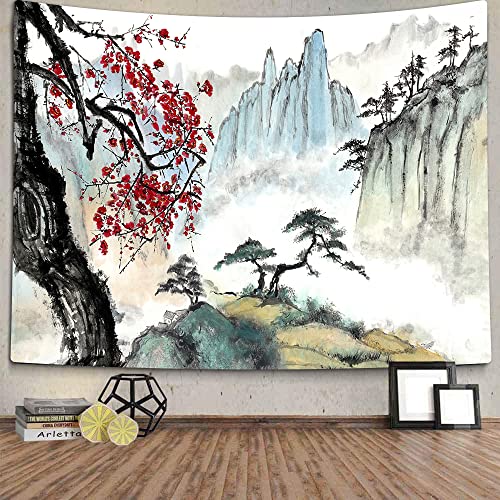TOMOZ Japanische Landschafts-Wandteppich, Bergbäume mit Kirschblüten, Sakura-Blume, Wandbehang, asiatischer chinesischer Wandteppich, für Schlafzimmer, Geburtstagsparty-Dekoration, 152.4x139.9 cm von TOMOZ